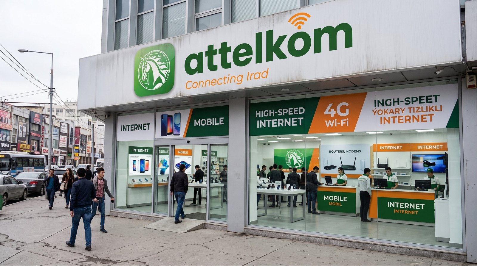 A large shop front with the green Attelkom horse logo and the slogan Connecting Irad, window panels advertising internet, mobile and 4G, and staff in green shirts at the counters