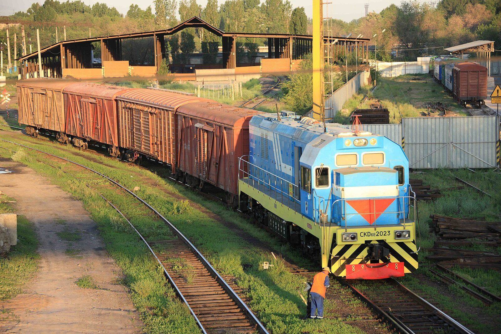 Diesel locomotive with a freight train
