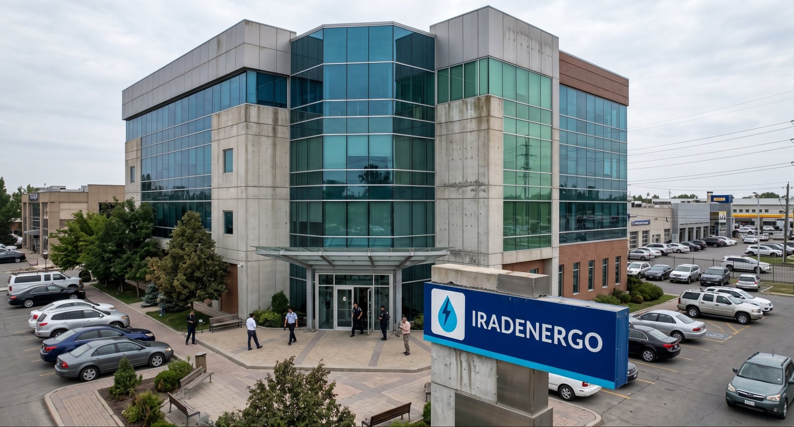 A four-storey office block of concrete and blue-green glass with a car park, and a blue sign in front showing a water drop with a lightning bolt and the word IRADENERGO