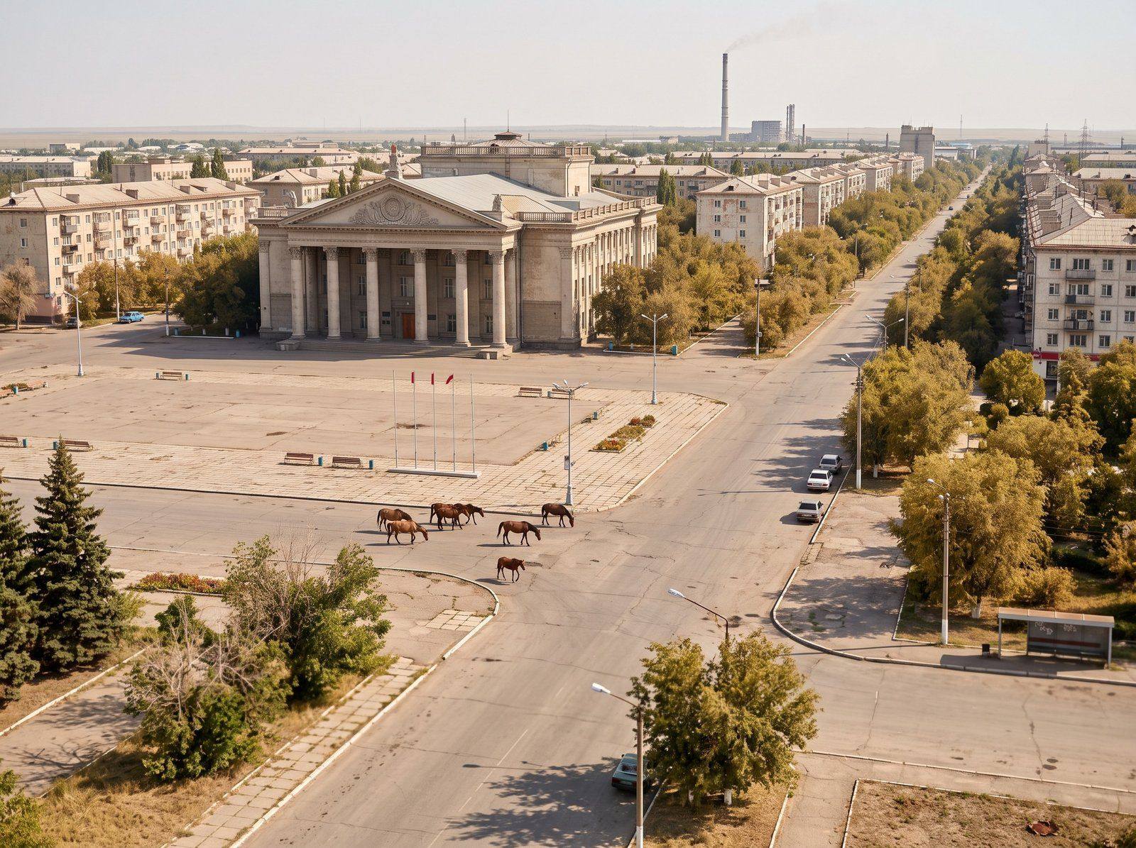 The central square of Nurzhan, laid out as the ceremonial centre of Soviet Kobozev