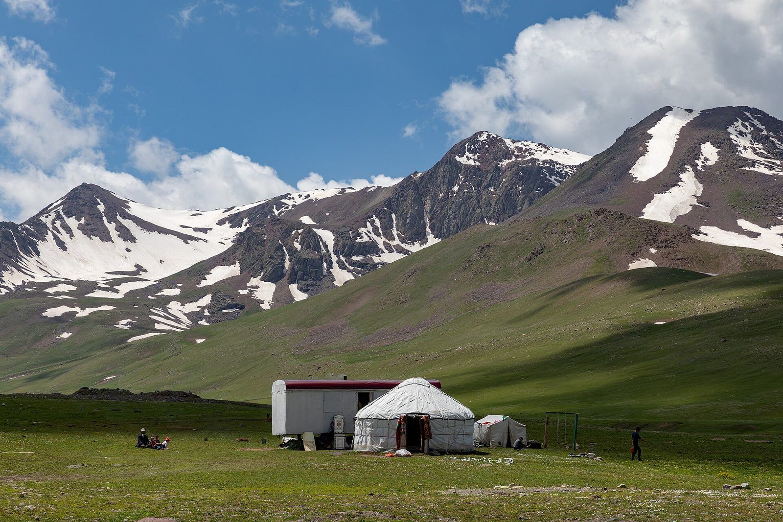 A yurt on summer pasture below snow peaks