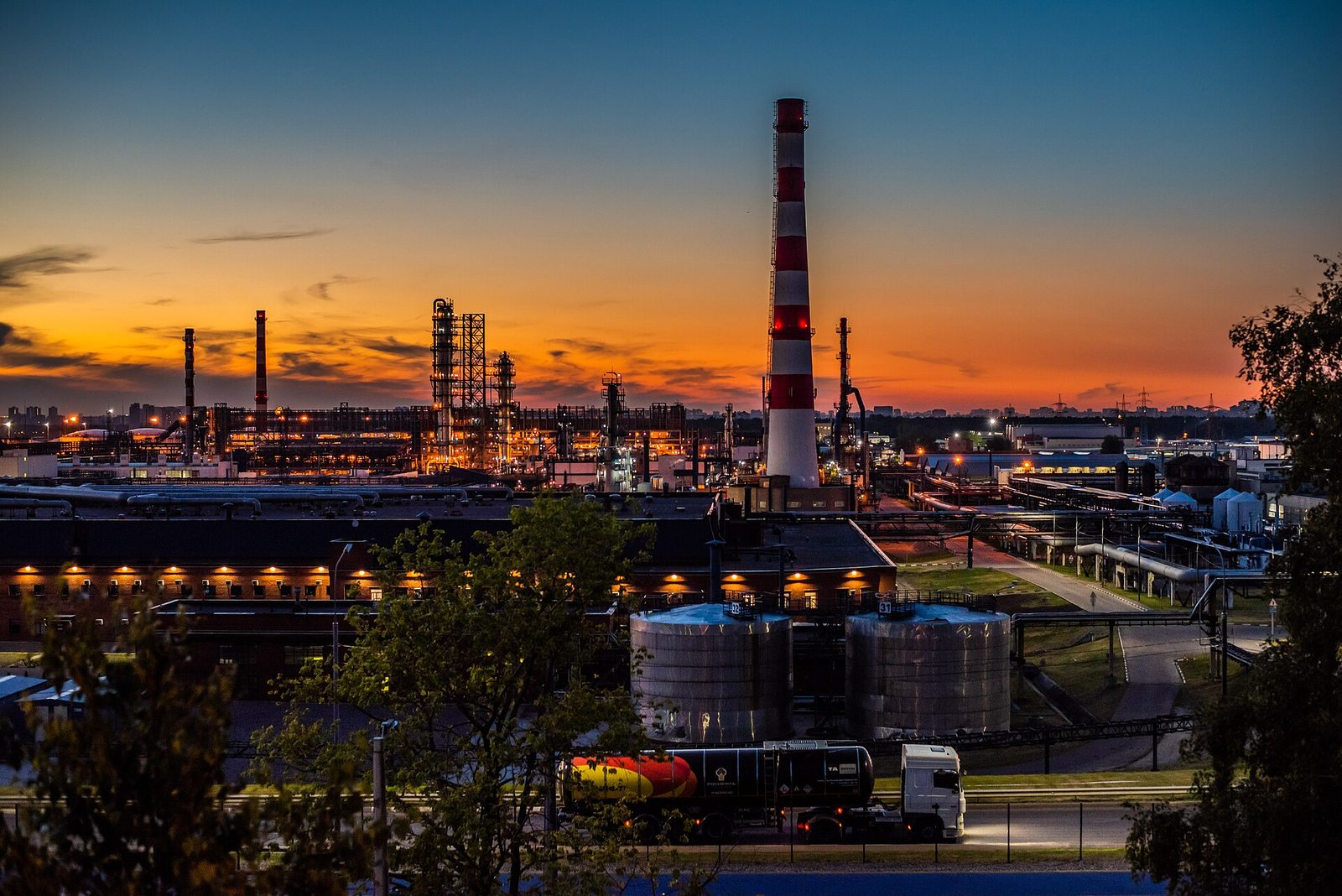 Oil refinery at dusk