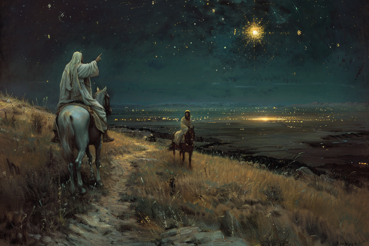 Yusup Ayyubov's The White Rider Shows the Way (1913) shows Christ revealing Irad's star to Janyl